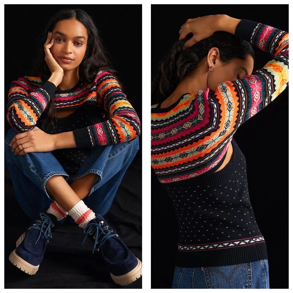 Anthropologie Maeve Abstract Sweater Shrug Size XS Multi Color Fair Isle Nordic